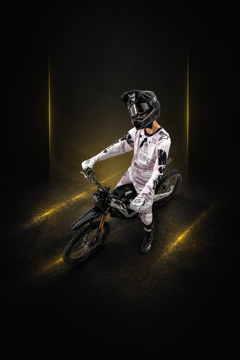 Rider in full gear next to a 2026 Sur-Ron